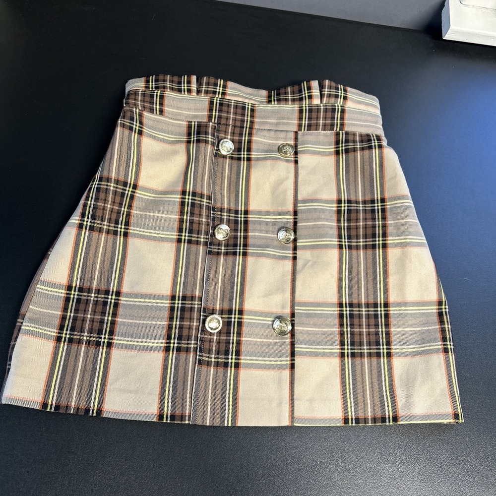 River‎ Island Women's Plaid Mini Skirt US 6 UK 10 Paper Bag Waist Buttons Preppy - Picture 6 of 16